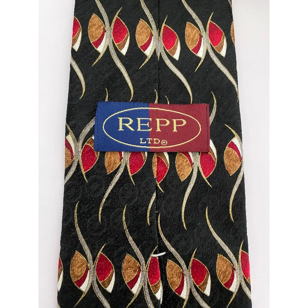 Repp Ltd Mens Silk Tie Black‎ Red Gold Abstract Geometric Jacquard X-Long 4 Inch